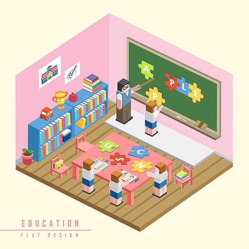 education concept 3d isometric with student solving a puzzle
