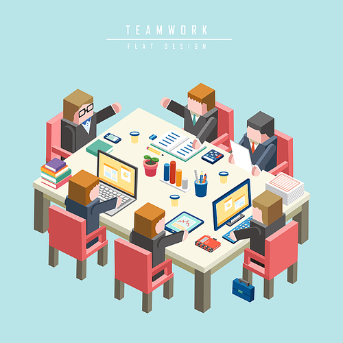 teamwork concept 3d isometric with businessman having a meeting