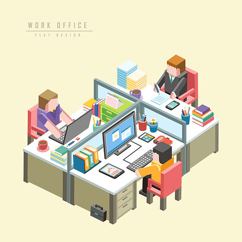 work office concept 3d isometric with businessmen