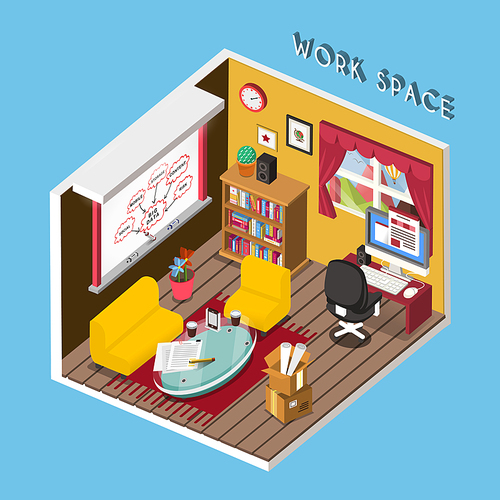 3d isometric for cozy work space over blue