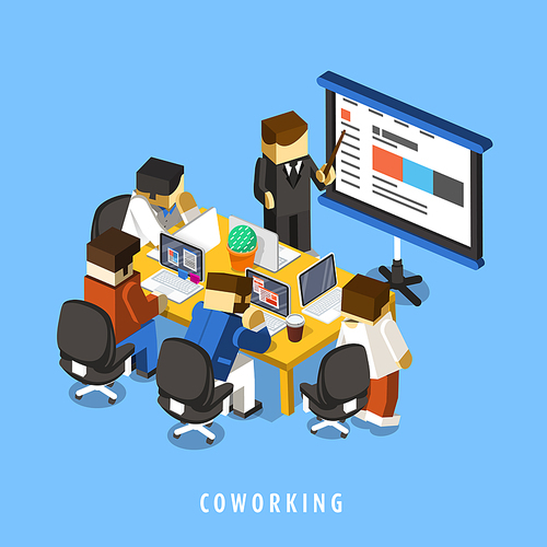 coworking concept 3d isometric with businessmen having a meeting
