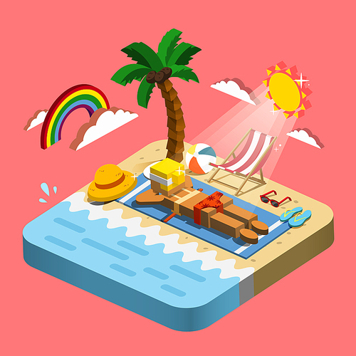 summer recreation concept 3d isometric with sunbathing scene