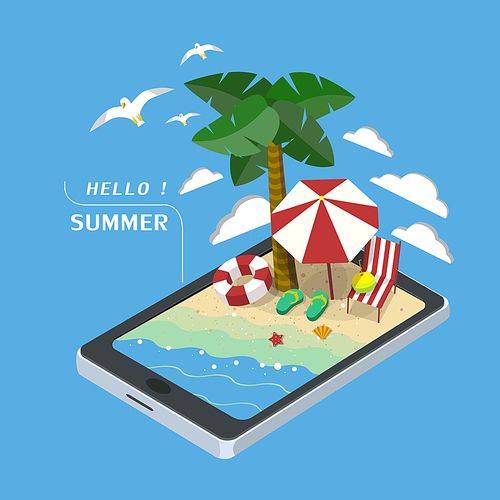 summer recreation concept 3d isometric with tablet showing beach scene