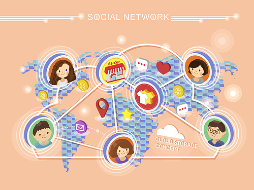 social network concept 3d isometric with world map
