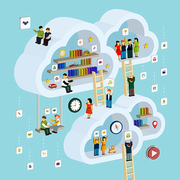 cloud service concept 3d isometric with a man taking out a book from internet