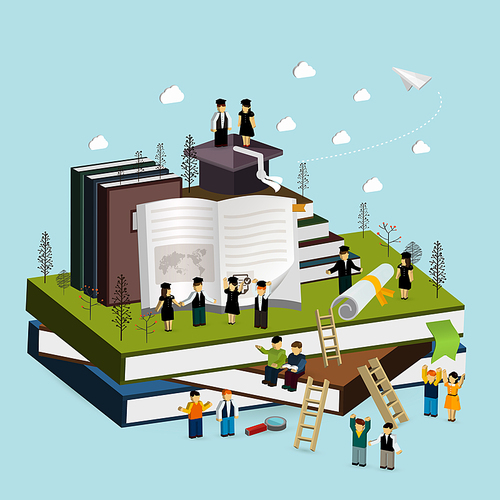 graduation concept 3d isometric with people standing on a pile of books and cheering together