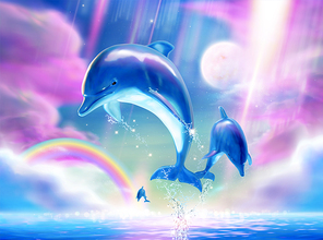 Lovely breaching bottlenose dolphins upon fuchsia tone sky in 3d illustration, Marine mural