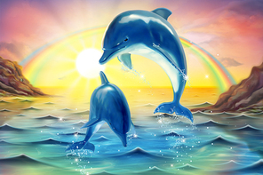 Lovely breaching bottlenose dolphins upon dawn sunshine sky in 3d illustration, Marine mural