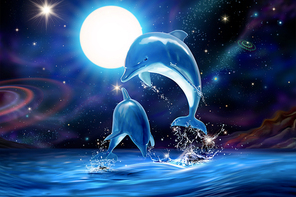 Lovely breaching bottlenose dolphins upon attractive universe sky in 3d illustration marine mural