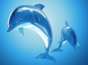Two jumping bottlenose dolphins in 3d illustration