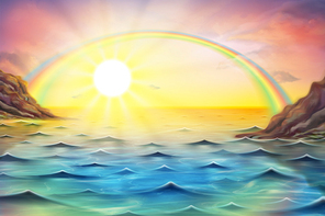 Pod of lovable dolphins chasing one another in colorful tropical ocean with beautiful rainbow encircling, 3d illustration