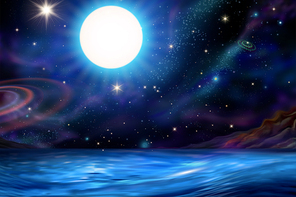 Beautiful glowing full moon and galaxy upon tranquil ocean background