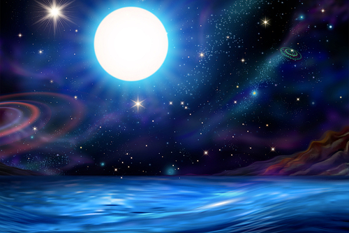 Beautiful glowing full moon and galaxy upon tranquil ocean background