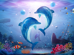 Pod of lovable dolphin family playing together in colorful tropical ocean with shipwreck and sperm whales at the back, 3d illustration