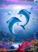 Pod of lovable dolphin family playing together in colorful tropical ocean, with dreamy sunlight shining through water, 3d illustration