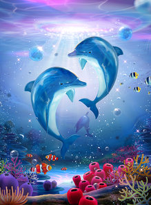 Pod of lovable dolphins chasing one another in colorful tropical ocean with beautiful rainbow encircling, 3d illustration