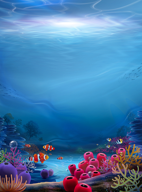 Natural ocean bottom background with dreamy sunlight shining through water, 3d illustration