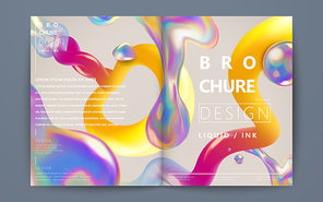 Abstract brochure design, flowing liquid bubble and colorful elements on beige background, holographic style