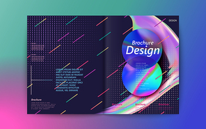 Abstract brochure design, flowing liquid bubble and colorful geometric elements on purple background, holographic style