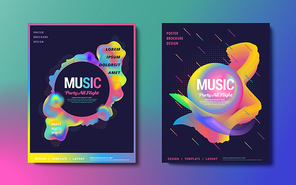 Abstract brochure design set, party all night poster with colorful fluid and geometric elements