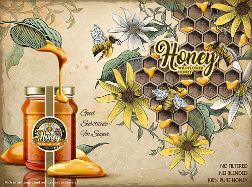 Natural honey ads, delicious honey dripped from leaves with realistic glass jar in 3d illustration, retro apiary and honey bees background in etching shading style