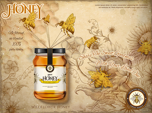 Wildflower honey ads, honey bees carrying honey glass jar in 3d illustration, retro flowers garden and bees background in etching shading style, beige tone
