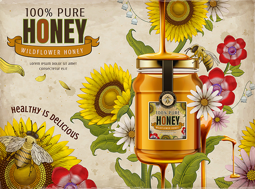 Wildflower honey ads, delicious honey dripping from top with glass jar in 3d illustration, retro flowers elements in etching shading style, colorful tone
