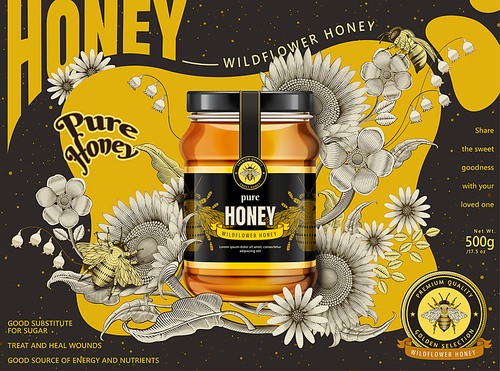 Modern honey ads, glass jar in 3d illustration isolated on retro flowers elements in etching shading style, yellow and dark brown tone