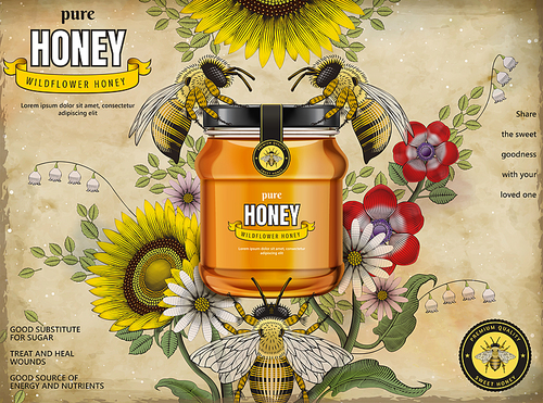 Retro honey ads, glass jar in 3d illustration with honey bees and elegant flowers around it, etching shading style background