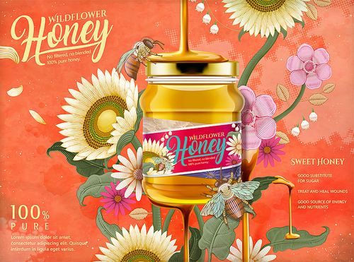 Attractive honey ads, honey dripping from top on the glass jar in 3d illustration with elegant flowers elements, etching shading style background in orange tone