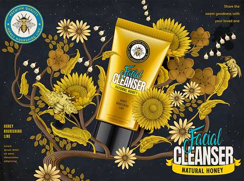 Honey facial cleanser ads, cosmetic tube in 3d illustration with elegant flowers elements in etching shading style, dark blue and yellow tone