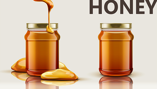 Pure honey jar mockup, set of glass jar with honey dripping from top in 3d illustration, beige background