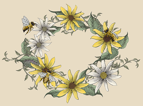Retro elegant floral design, etching shading flowers wreath isolated on beige 