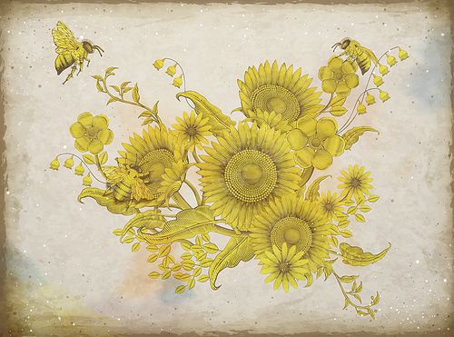 Retro elegant floral design, etching shading sunflowers and bees design on beige tone
