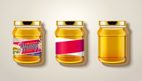 Pure honey jar mockup, top view of glass jars with honey in 3d illustration, some with labels and package design