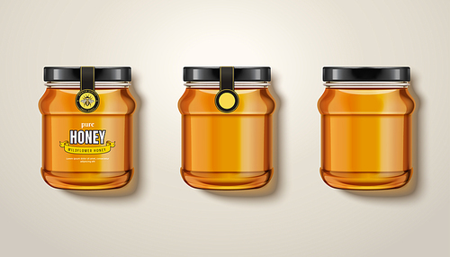 Pure honey jar mockup, top view of glass jars with honey in 3d illustration, some with labels and package design
