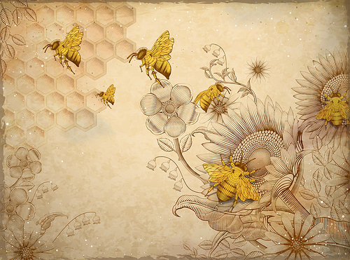 Honey bees and wildflowers, retro hand drawn etching shading style design elements, beige background