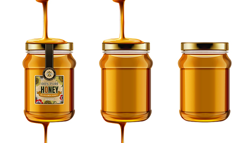 Pure honey jar mockup, set of glass jar with honey dripping from top in 3d illustration, white background