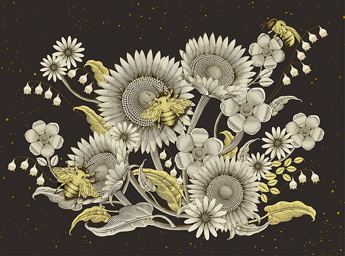 Honey bees and flowers background, retro hand drawn etching shading style design on dark brown background