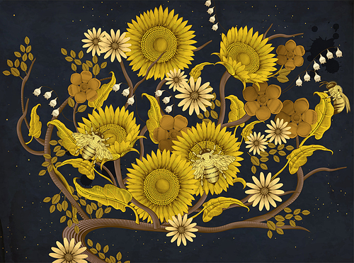 Honey bees and flowers background, retro hand drawn etching shading style design in yellow and dark blue tone