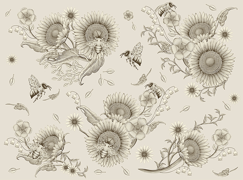 Honey bees and flowers elements, retro hand drawn etching shading style, beige background