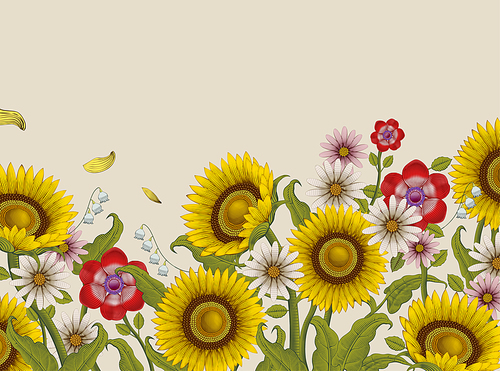 Decorative flowers design, sunflowers and wildflowers in etching shading style on beige background, colorful tone
