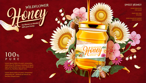Wildflower honey ads with sweet liquid dripping down from top on woodcut style flowers background in 3d illustration