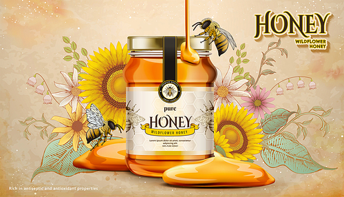 Wildflower honey ads with sweet liquid dripping down from top on woodcut style flowers garden in 3d illustration