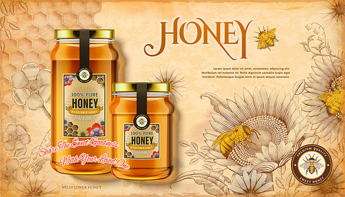 Wildflower honey ads on retro woodcut style sunflowers background in 3d illustration
