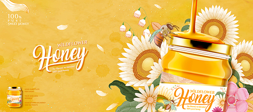 Closeup look at wildflower honey glass jar in 3d illustration on yellow woodcut style flower background