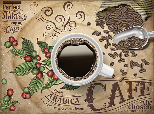 Black coffee ads, top view of 3d illustration black coffee on retro engraving coffee cherries and beans background