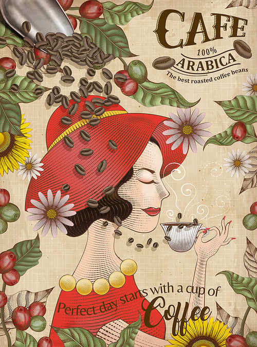 Elegant Arabica coffee beans ads, a lady in red dress is enjoying a cup of black coffee in engraving style