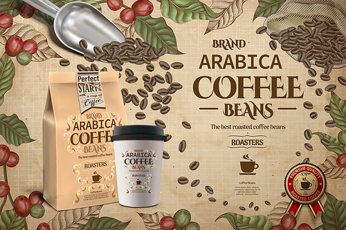 Elegant Arabica coffee beans ads, engraving style coffee plants with takeaway cup and packaging in 3d illustration