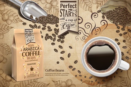 Arabica coffee beans ads, cup of black coffee and paper bag package in 3d illustration, retro engraving coffee plants elements